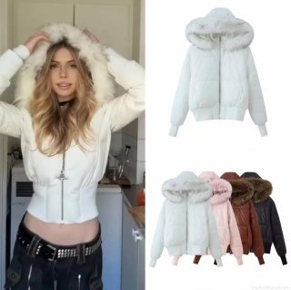 Women's Fashion Casual Short Puffer Jacket With Detachable Faux Fur Collar Hooded Shiny Cotton Padded Coat For Winter Warmth