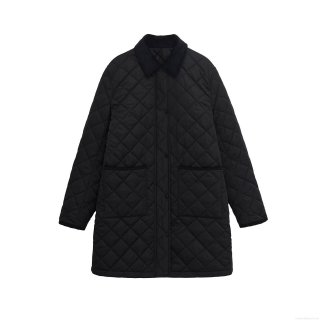 Women's Vintage Diamond Quilted Cotton Jacket Polyester Long Sleeve Lapel Coat With Large Pockets Casual Puffer Outwear For Autumn Winter