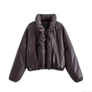 Women's Oversized PU Leather Puffer Jacket Faux Leather Warm Winter Coat With Stand Collar Elastic Hem Zipper Outerwear For Ladies Casual Fashion
