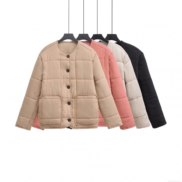 Women's Quilted Lightweight Puffer Jacket Long Sleeve Round Neck Button Up 100% Cotton Coat Casual Retro Warm Outerwear With Pockets For Women