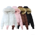 Women's Short Puffer Jacket With Faux Fur Collar Hooded Cotton Padded Winter Coat Windproof Warm Solid Color Outerwear For Ladies
