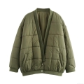 Women's Army Green Quilted Jacket Cotton Blend Loose Long Sleeve V-Neck Warm Puffer Coat For Casual Winter Outwear