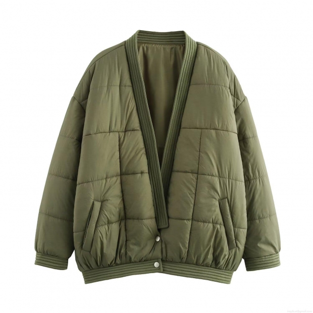 Women's Army Green Quilted Jacket Cotton Blend Loose Long Sleeve V-Neck Warm Puffer Coat For Casual Winter Outwear