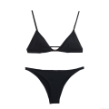 Women's Sexy Black Bikini Set Backless Camisole Top And Triangle Briefs Two Piece Set With Gold Metal Buckle Detail Polyester Swimsuit For Beach Vacation Street Style