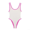 Women's One Piece Swimsuit Bodysuit With Pink Crochet Wavy Trim U Neck Backless Strappy Slim Fit Polyester Swimwear For Beach Vacation