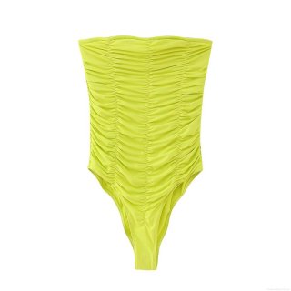 Women Sexy One Piece Swimsuit Neon Green Ruched Backless Strapless Tube Top 100% Polyester Bodysuit For Summer Beach Pool Party Vacation