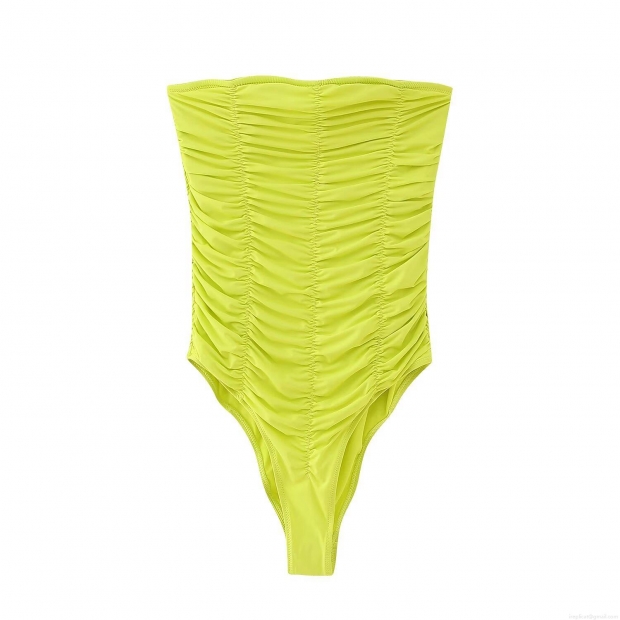 Women Sexy One Piece Swimsuit Neon Green Ruched Backless Strapless Tube Top 100% Polyester Bodysuit For Summer Beach Pool Party Vacation
