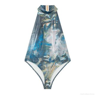Women's Metallic Halter Neck One-Piece Swimsuit Sexy Backless High Cut Bodysuit Marble Galaxy Print Beachwear Summer Bathing Suit Costume