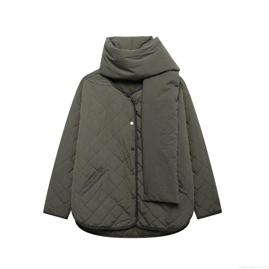 Women's Casual Loose Diamond Quilted Jacket With Matching Scarf Lightweight Polyester Puffer Coat Olive Green Solid Long Sleeve Outerwear For Autumn Winter