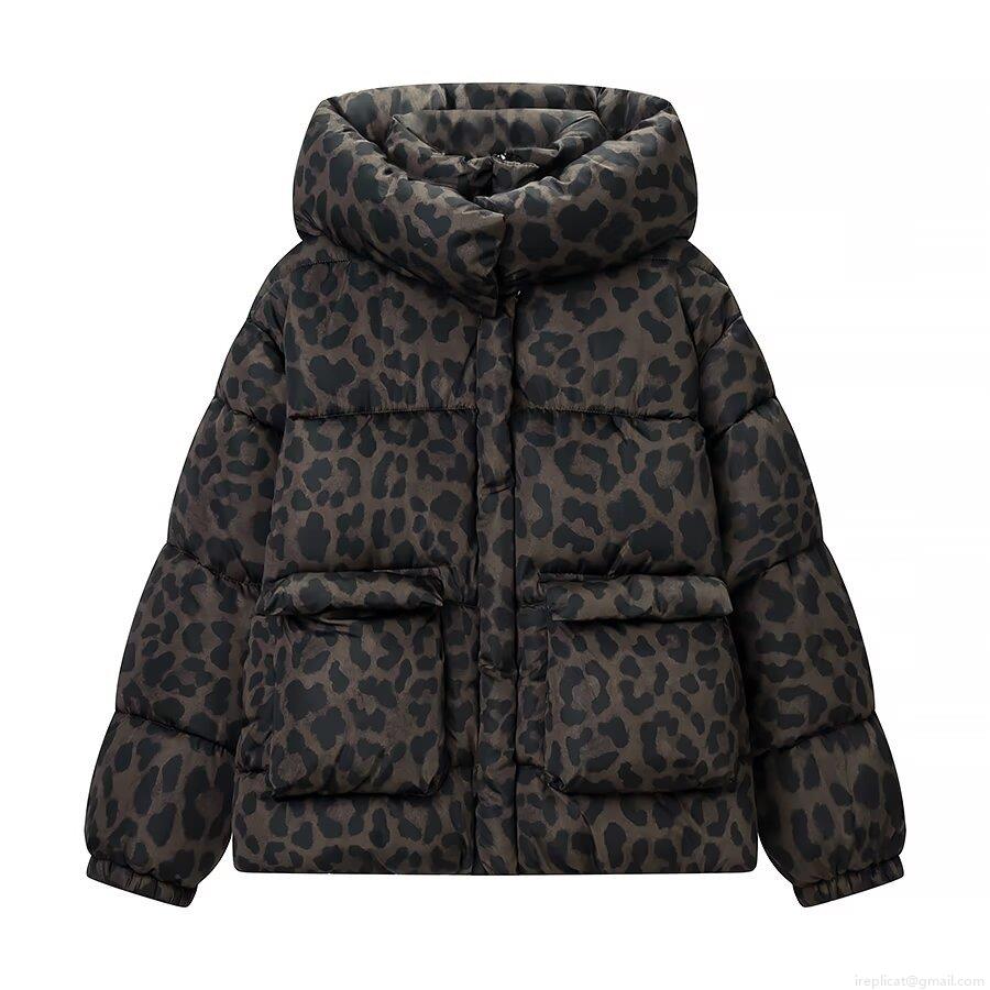 Women's Casual Leopard Print Hooded Padded Jacket Loose Winter Warm Polyester Coat With Pockets Long Sleeve Outerwear High Quality Warmth