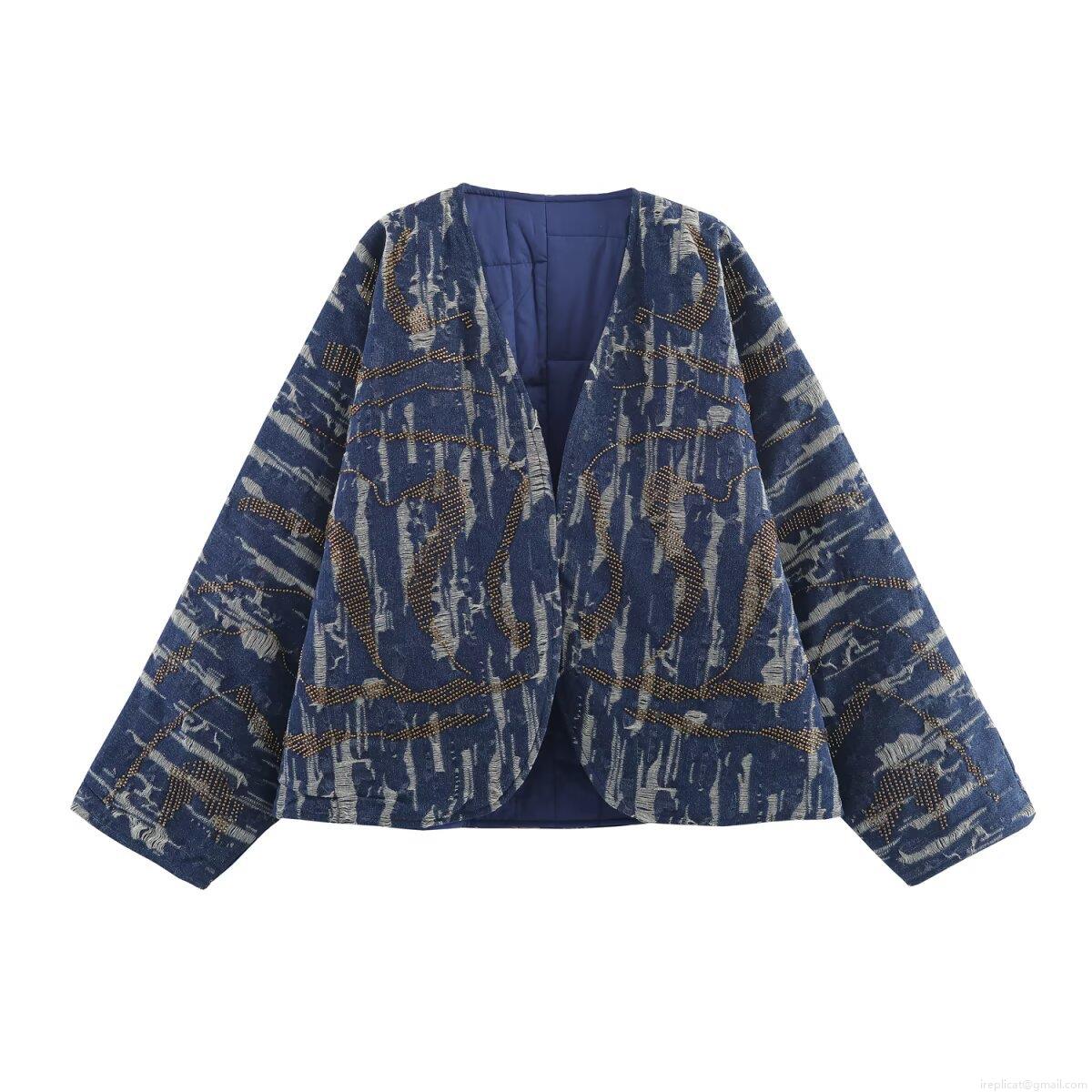 Women's Kimono Style Beaded Denim Effect Quilted Jacket Vintage Embroidered Open Front Cotton Padded Coat For Autumn Casual Loose Long Sleeve Outerwear